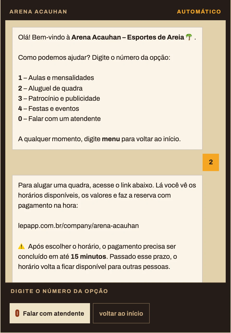Conversa do atendimento automático da Arena Acauhan no WhatsApp, com o menu de aulas, aluguel de quadra, patrocínio e eventos